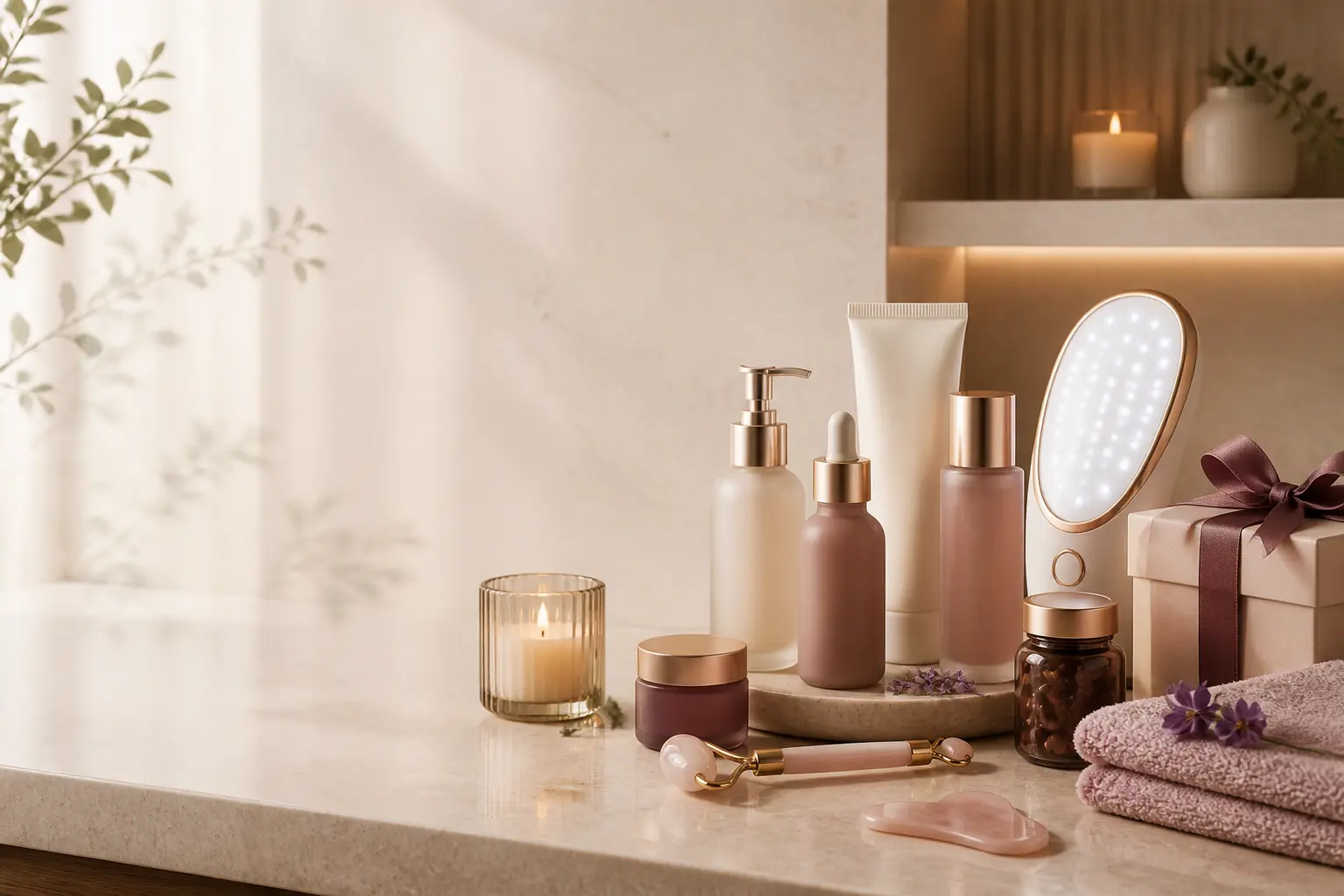 Curated beauty, wellness, beauty tech, and gift essentials styled on a warm stone vanity